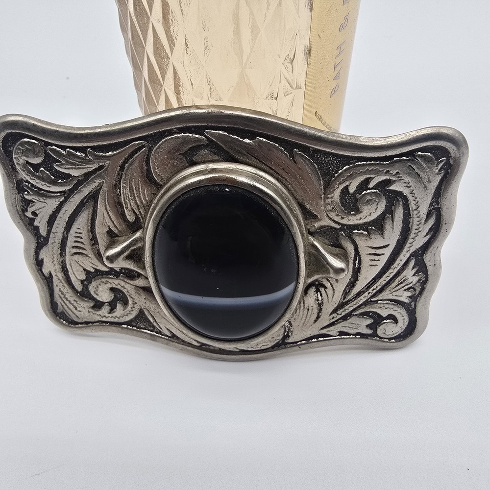 Centerpiece Black Banded‎  Cabochon Silver Tone Western Framed Belt Buckle - Picture 2 of 6